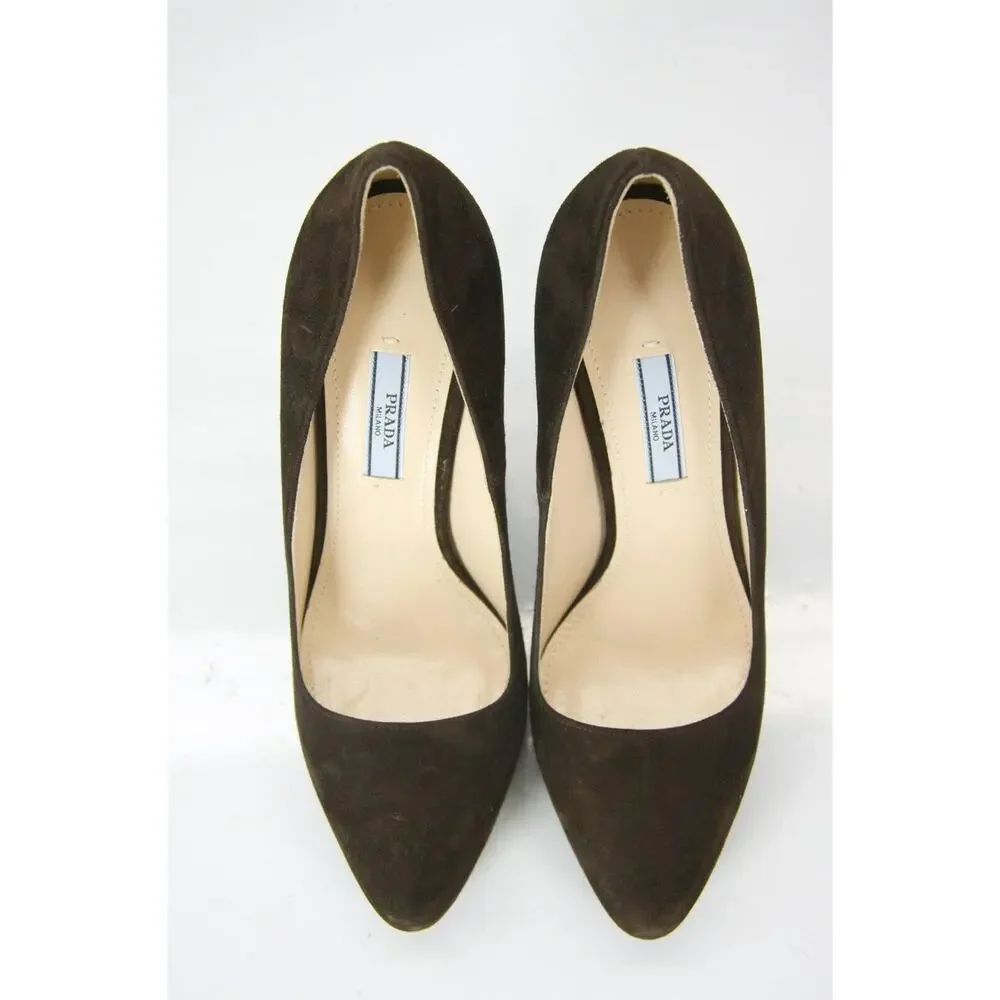 Prada Classic Brown Suede Leather Hidden Platform Heel Pump Pointy Toe NIB